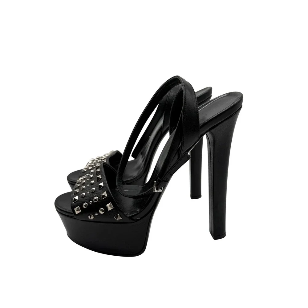 Gucci Black‎ Leather Studded Platform Sandals Block Heel Made in Italy Size 38